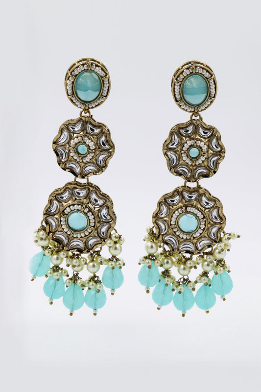 Aqua dual flower gold earring