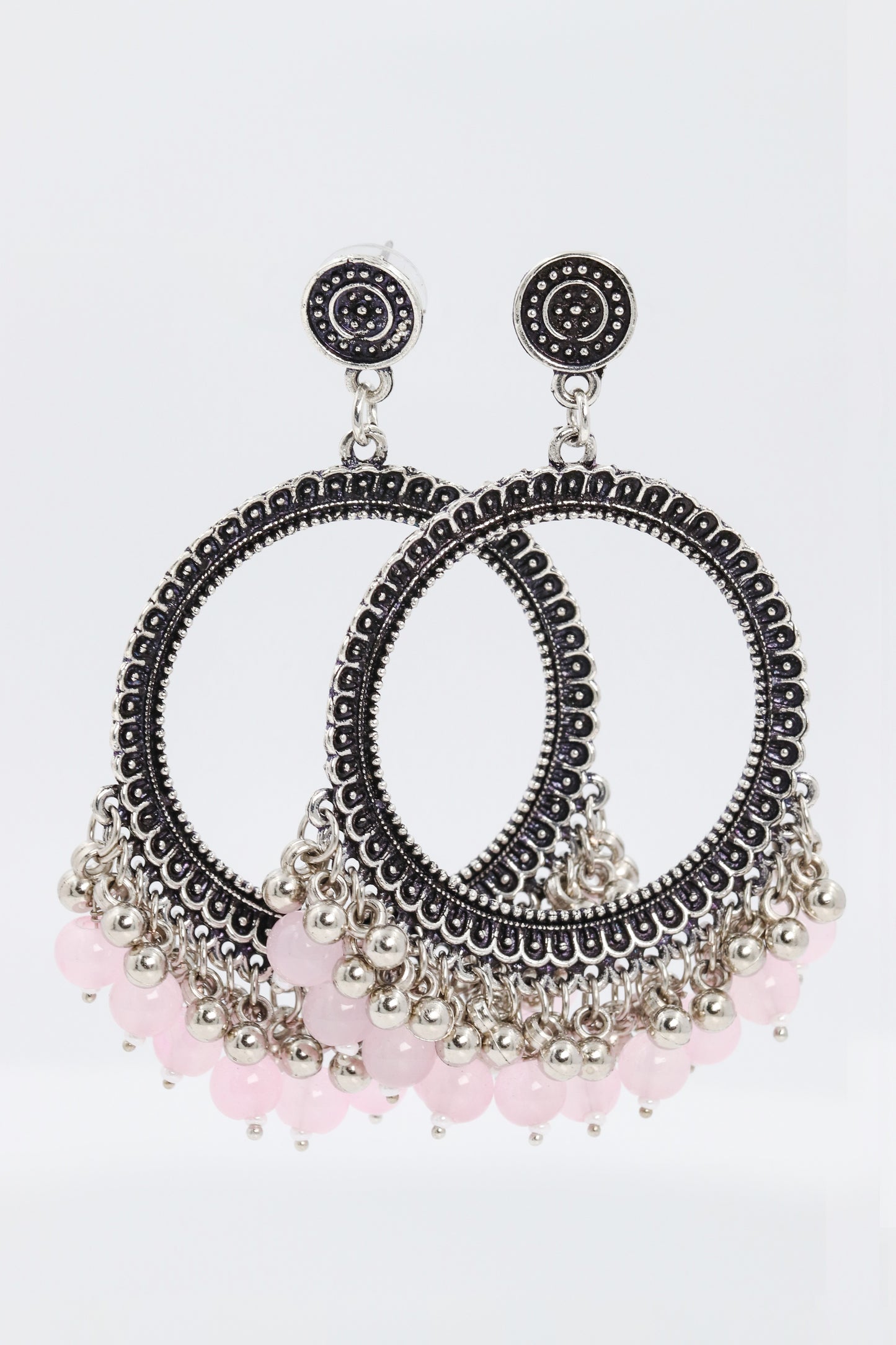 Pink Crystal silver oxidized round earring