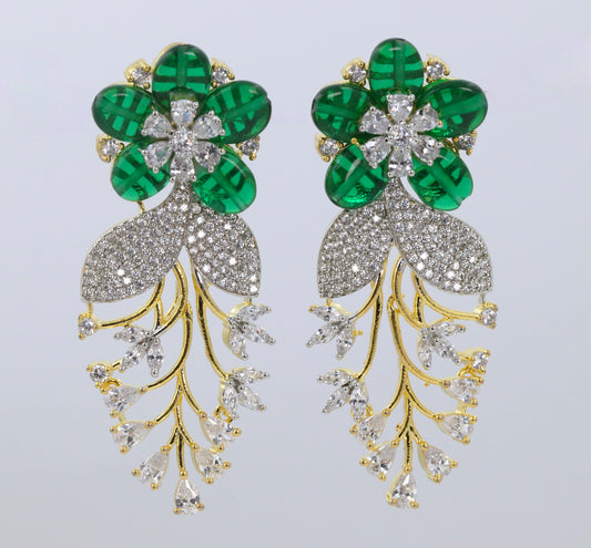 Green Flower American Diamond Studded Golden Polished Earring