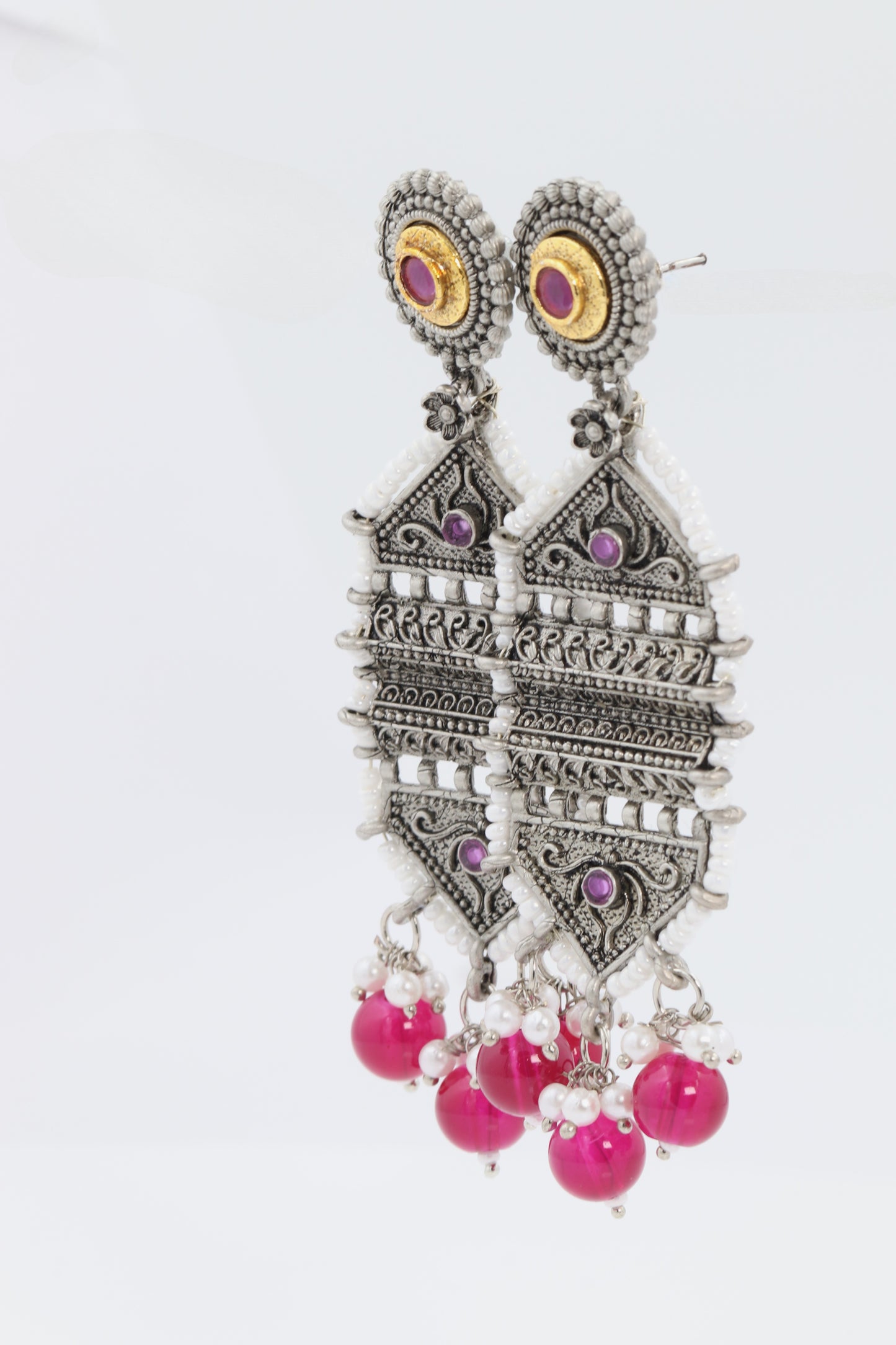 Floral Ruby Silver Oxidized earring