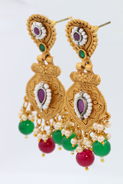 Multi colored crystal temple design drop earring