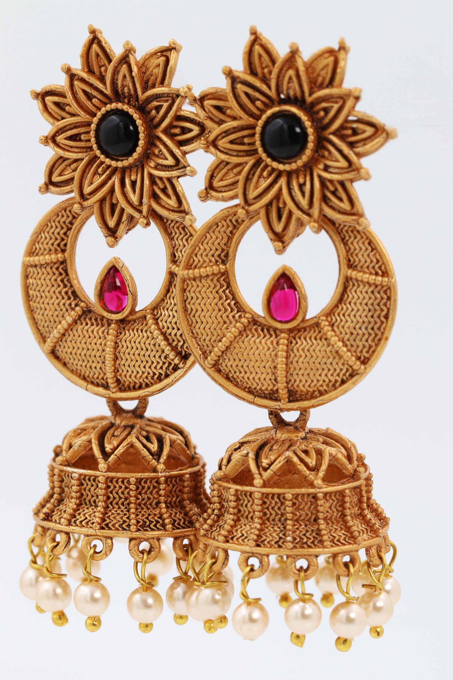 Flora Pink and Black stone Gold earring