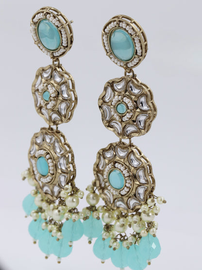 Aqua dual flower gold earring