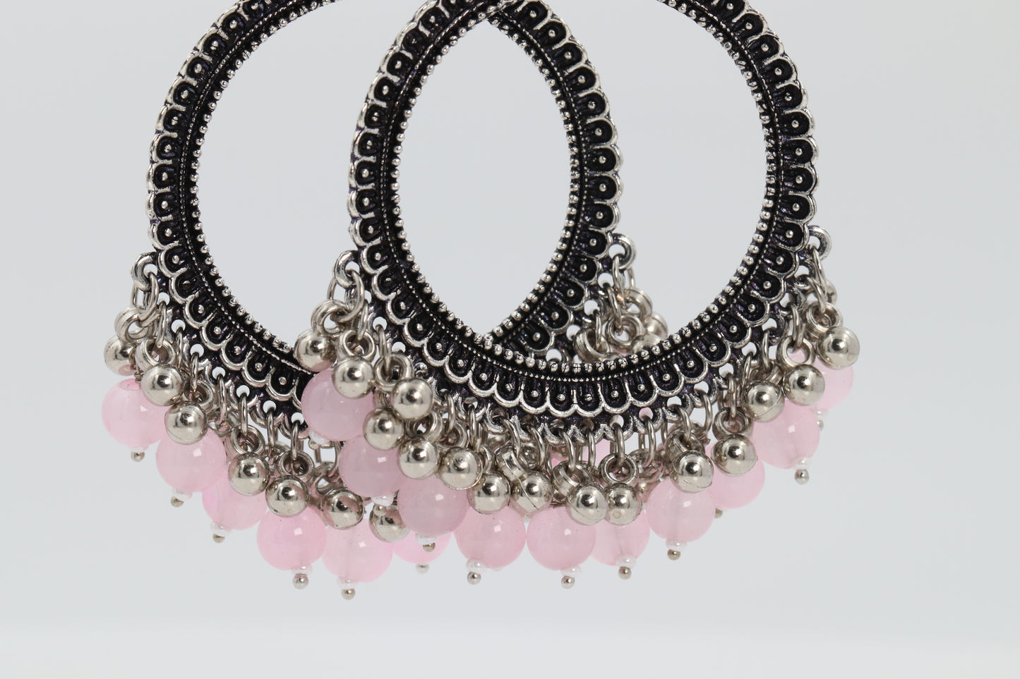 Pink Crystal silver oxidized round earring