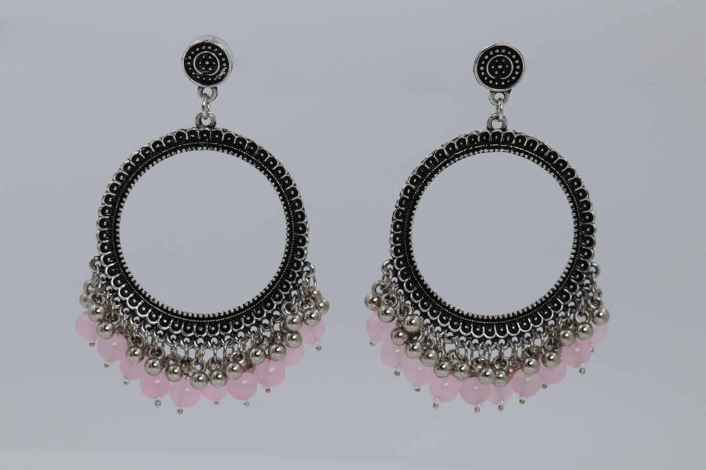 Pink Crystal silver oxidized round earring